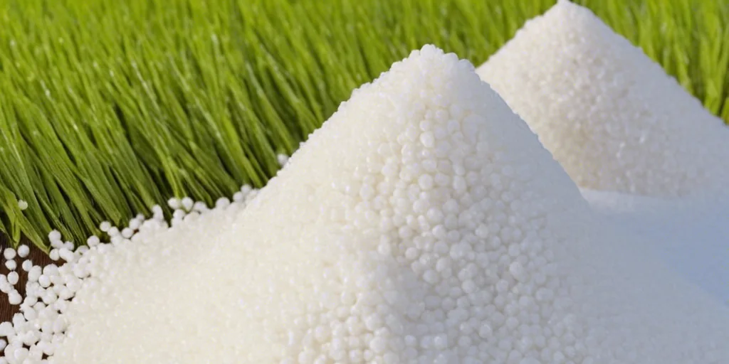 White urea fertilizer granules beside green agricultural grass